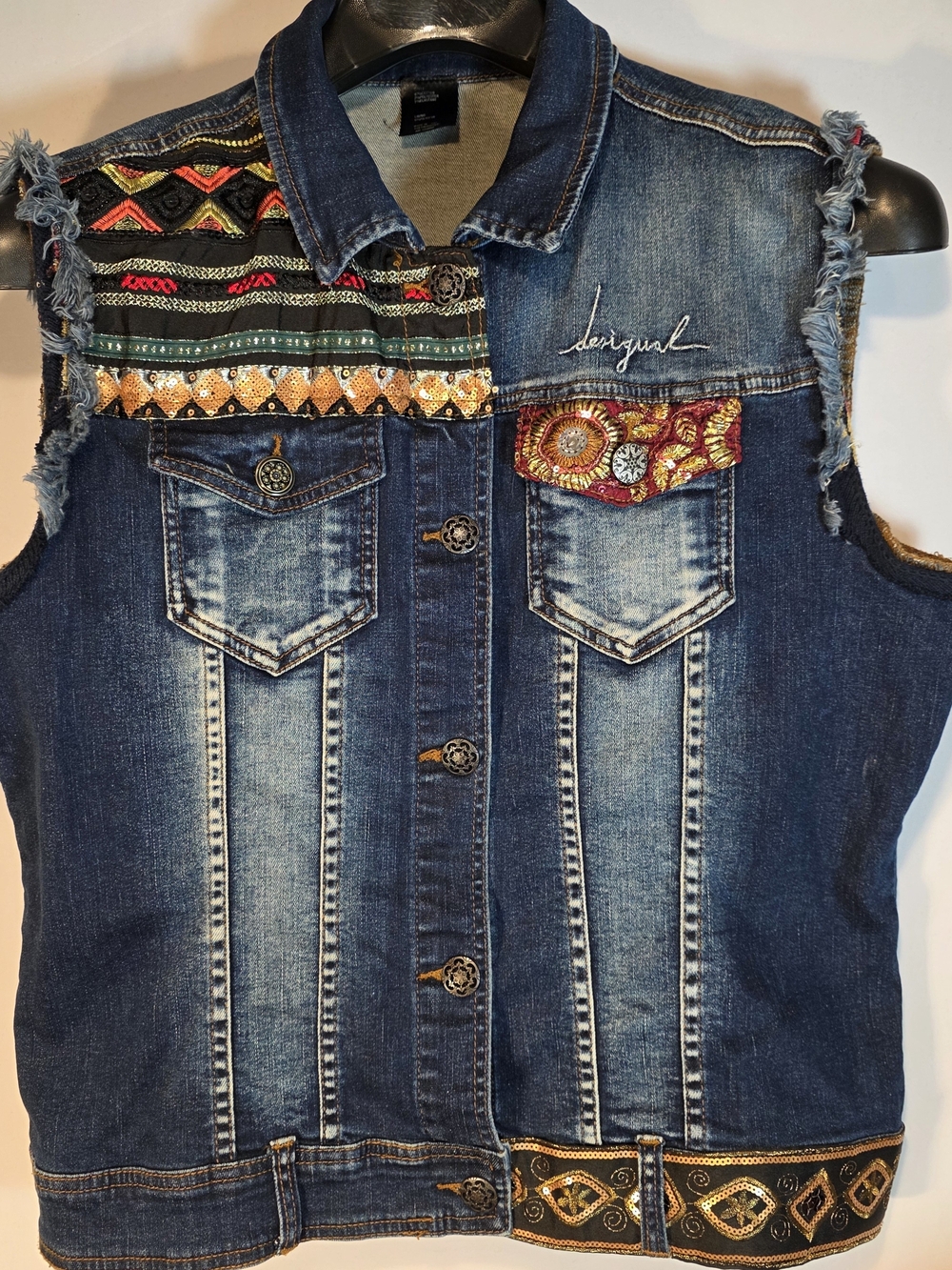 Desigual Ceci Denim Vest Embellished Embroidered Womens 14 Funky Unique Boho